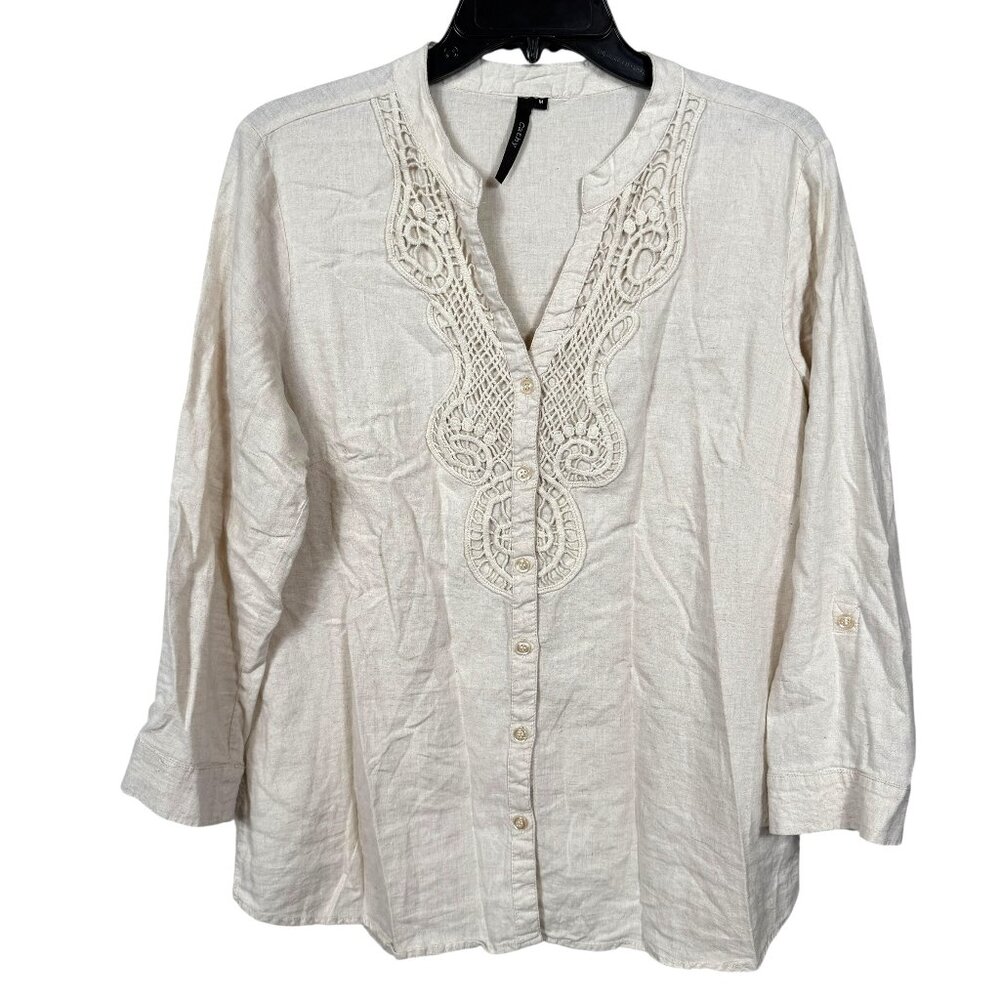 Cathy Linen Rayon Top Womens Medium Beige Embroidered 3/4 Sleeve Business Casual